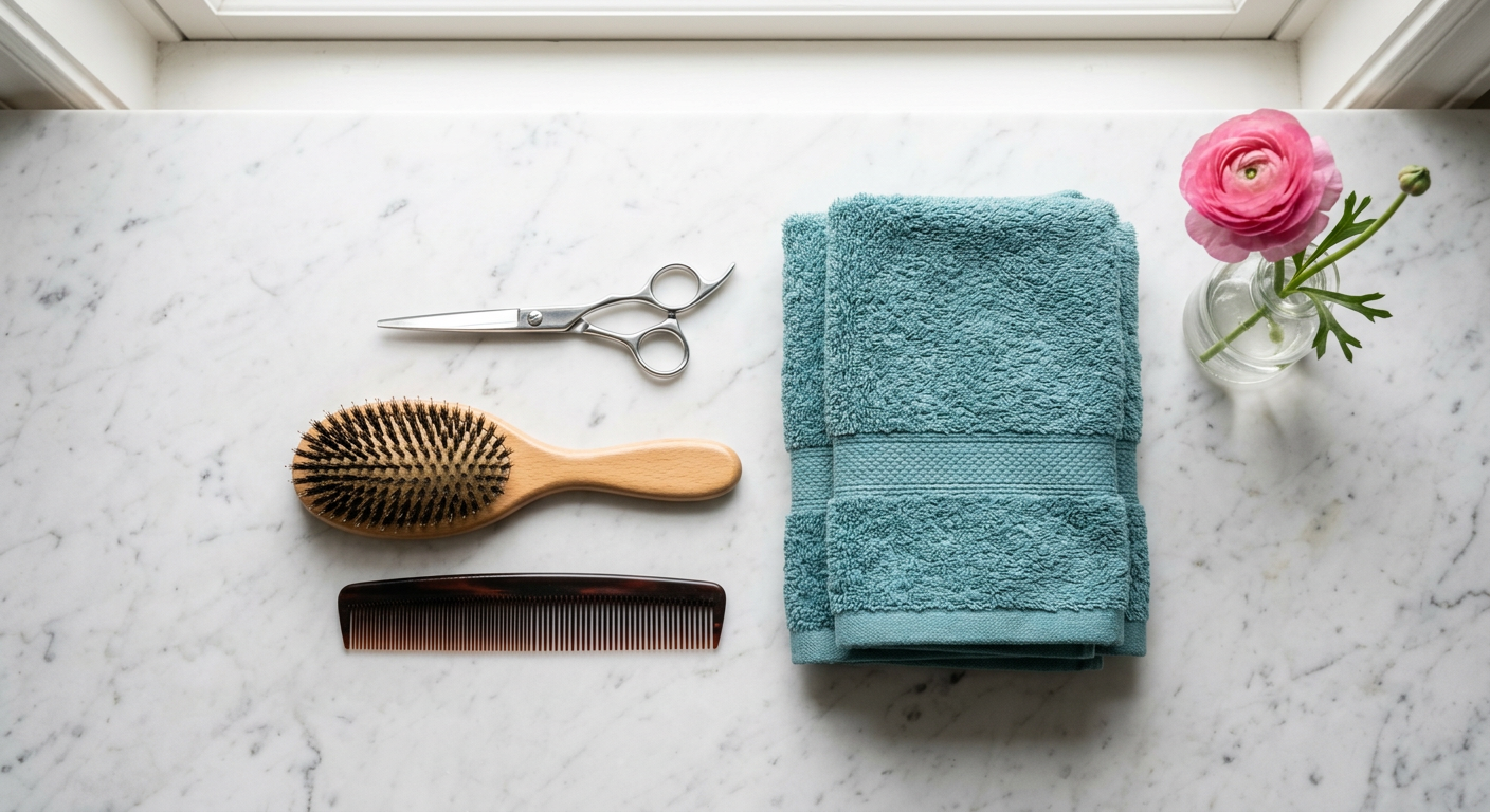 Salon tools including scissors, a brush and a comb on a marble counter