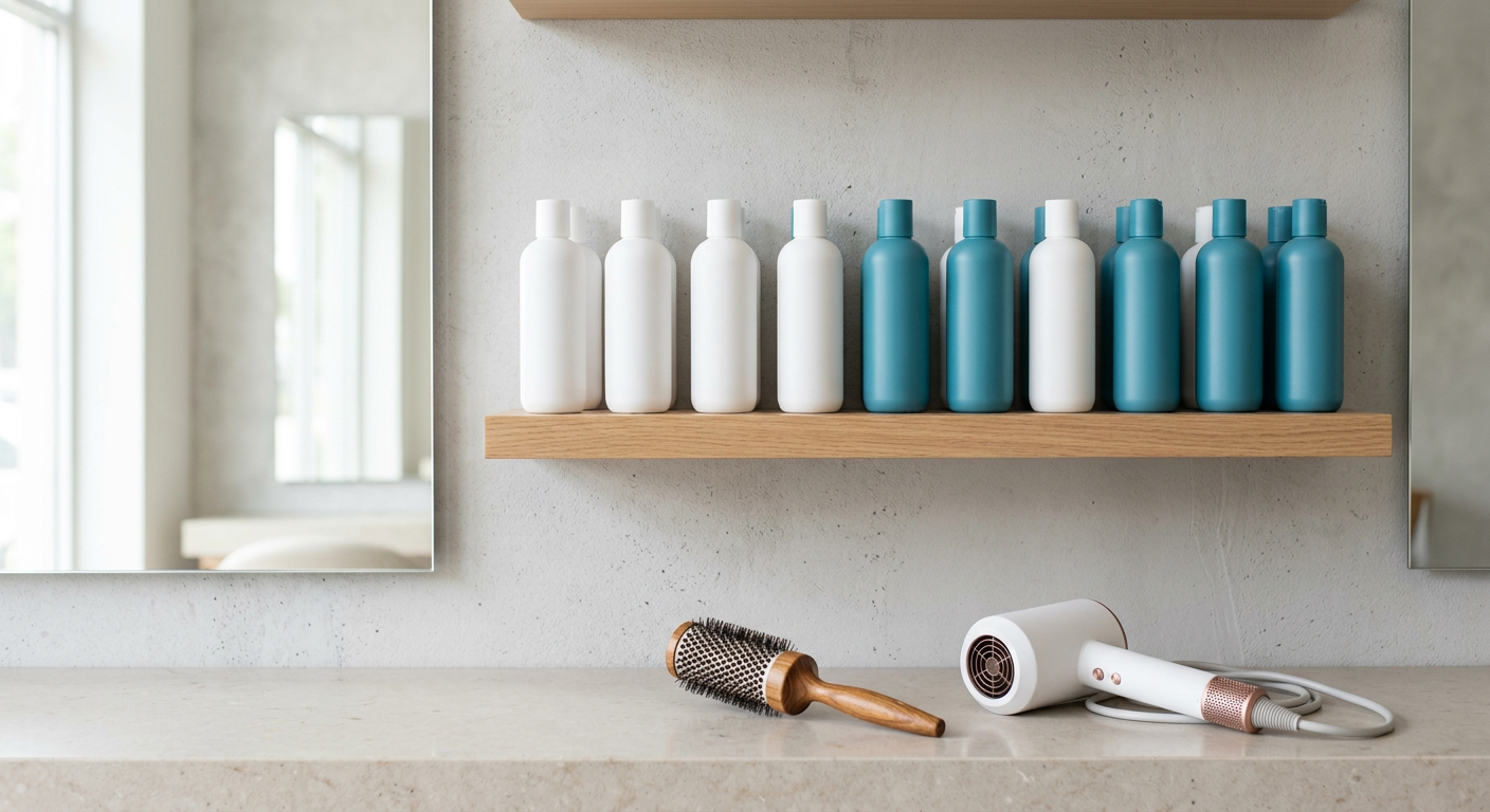 Salon shelf with hair treatment products, a round brush and a hairdryer