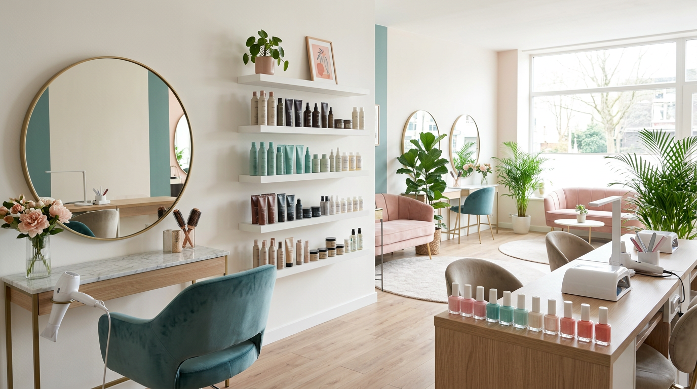 Bright salon interior with a round mirror, hair product shelves and a manicure table