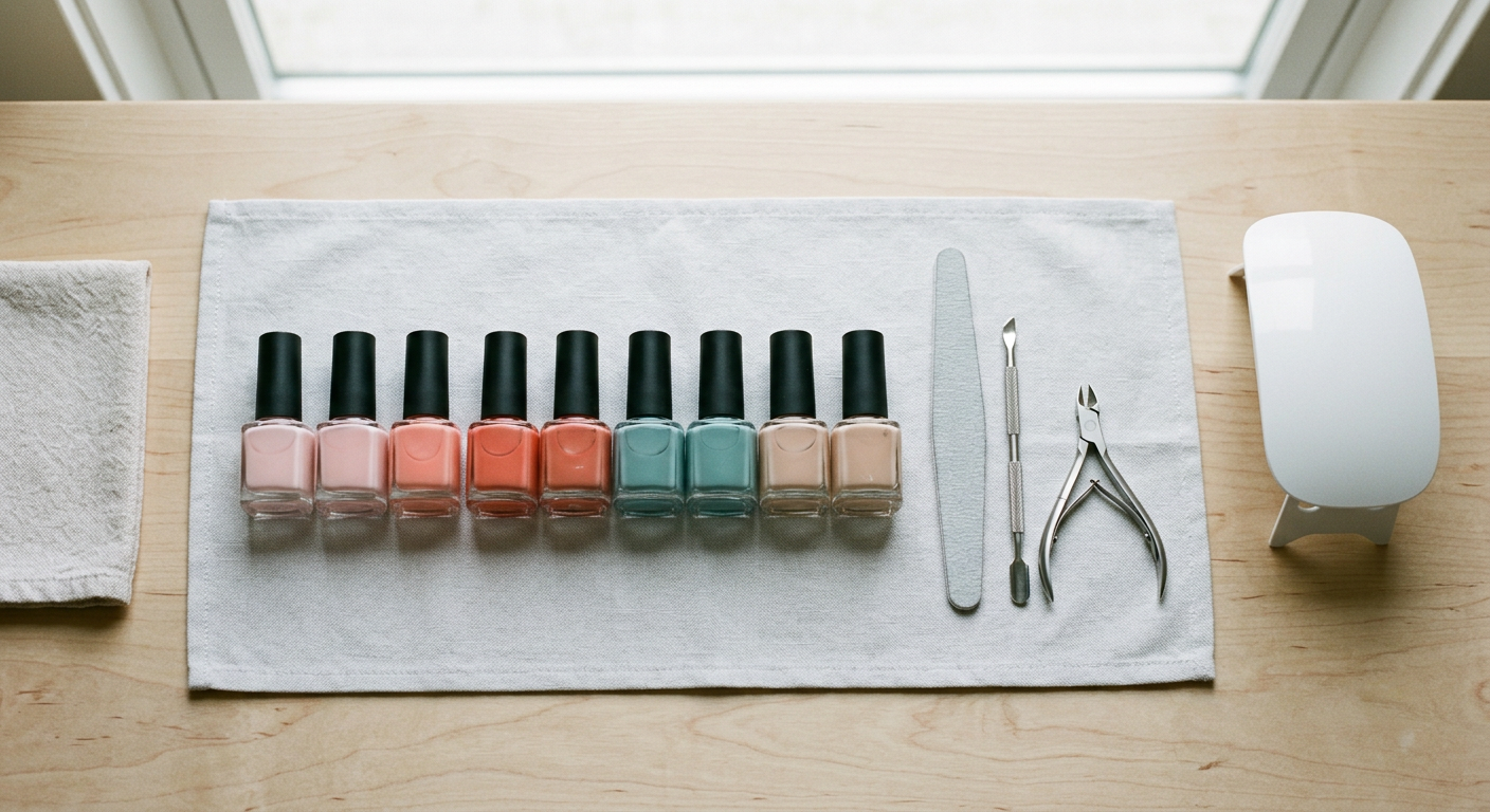 Manicure table with gel polish bottles, a nail file and tools